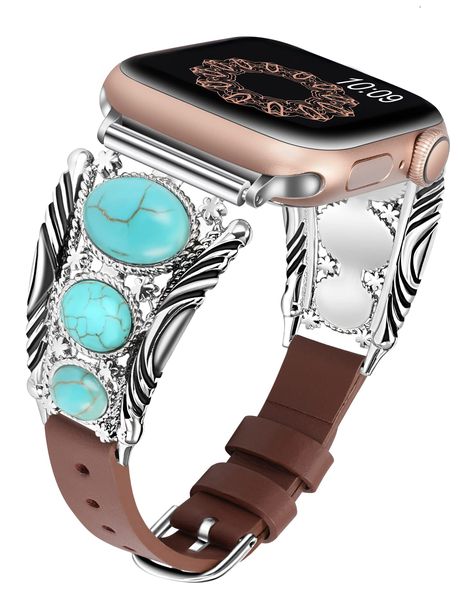 PRICES MAY VARY. Unique Design: Vintage elegance is at hand with this design to compliment most wrists. This western iwatch band is a lovely, unique option to dress up your watch. It features three turquoise stones on either side of the band and is accented with silver. Has a leather band with an adjustable buckle closure Premium Material: Gorgeous high-polished turquoise teardrop stone & smooth copper metal parts. No tarnishing or discoloration or getting rusted. Super easy to adjust and take o Apple Watch Band Women, Apple Watch Bands Women, Boho Turquoise, Fits For Summer, Western Vintage, Turquoise Boho, Vintage Elegance, Turquoise Stones, Western Jewelry