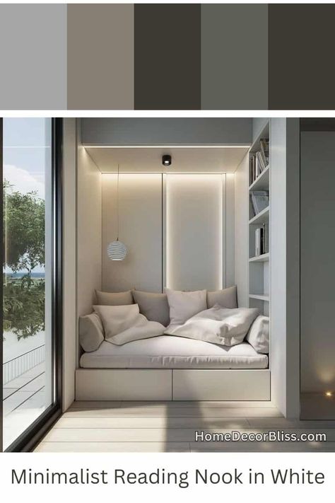 Minimalist Reading Nook: Neutral Color Scheme & Built-In Bench Cozy Reading Nook Ideas, Modern Reading Nook, Office Room Design, Reading Space, Room Concept, Monochromatic Color Scheme, Wallpaper Walls Decor, Small Bedroom Decor, Built In Bench