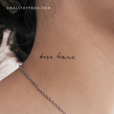 Small handwritten font 'kiss here' temporary tattoo. We also offer this classic red kiss mark temporary tattoo as an alternative. Set of three. Size: 1.4 in / 3.6 cm (width) Kiss Here Tattoo Neck, Kiss Here Tattoo, Kiss Me Tattoo, Red Kiss Mark, Kiss Mark Tattoo, Kiss Lip Tattoos, Kiss Tattoo, Kiss Tattoos, Henna Inspo