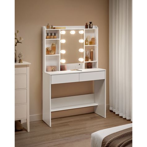 Specifications: - Colour: Cloud White - Material: Particleboard - Product Size: 15.7"D x 35.4"W x 57"H (40 x 90 x 144.7 cm) - Product Weight: 71.2 lb (32.3 kg) Vasagle Dressong Table, Teen Girl Vanity, Simple Vanity Ideas, Wayfair Vanity, Small Vanity Ideas, Small Vanity Ideas Bedroom, Expensive Christmas, Vibey Room Aesthetic, White Dressing Table