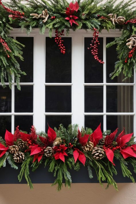 Extend your Christmas decor to window boxes with these festive ideas. Discover how to create lush, seasonal displays that last throughout the holidays. Christmas Tree On Window, Window Sill Decor Christmas, Indoor Xmas Decor, Christmas Window Box Decor, Outdoor Christmas Window Boxes, Window Decor Christmas Outdoor, Christmas Window Boxes Ideas, Big Window Christmas Decor, Window Ledge Christmas Decor