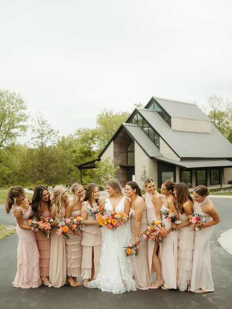 Flowers To Go With Champagne Dress, Birdy Grey Color Palette, Champagne Pink And Navy Wedding, Champagne Bridesmaid Dresses With Wildflowers, Colorful Neutral Wedding, May Wedding Party Colors, Neutral Colorful Wedding, Bright Florals Bridesmaids, Champagne And Bright Florals