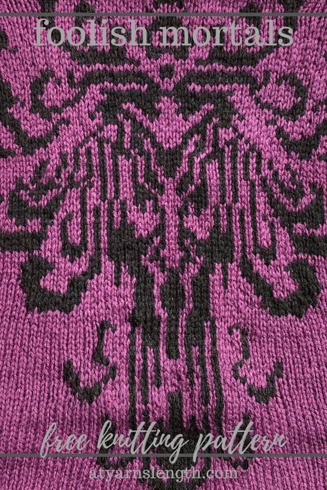 This Haunted Mansion pillow knitting pattern is free! It includes charts for both elements of the wallpaper (2 pillows), plus written instructions. Worked in Baby Bee Sweet Delight or Patons Canadiana yarn (grape jelly and soft licorice or black). Hurry back! Halloween Knitting Patterns Free, Pillow Knitting Pattern, Halloween Knitting Patterns, Pillow Knitting, Welcome Foolish Mortals, Haunted Mansion Wallpaper, Foolish Mortals, Bee Sweet, Magic Home