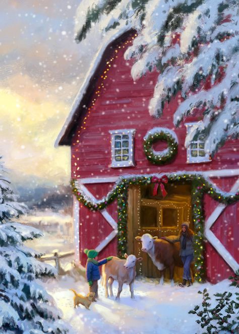 Barn Illustration, Christmas Barn, Old Time Christmas, Barn Painting, Advocate Art, Time Art, Red Barns, Christmas Scenes, Noel Christmas