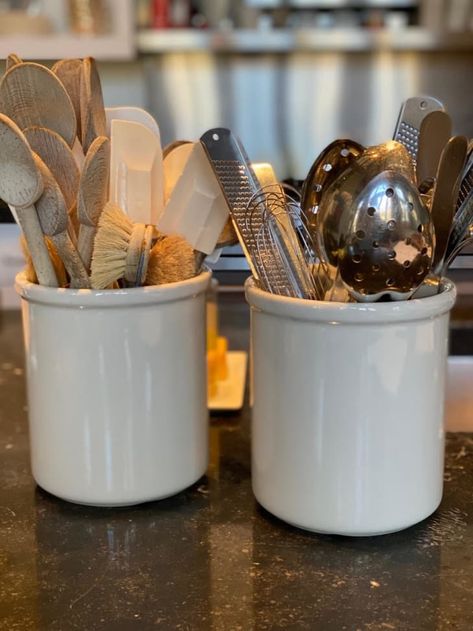 Crock Ideas, Kitchen Utensil Crock, Kitchen Utensil Storage, Large Woven Basket, Bon Appetit Magazine, Kitchen Utensil Organization, Organized Kitchen, Glass Mixing Bowls, Barefoot Contessa