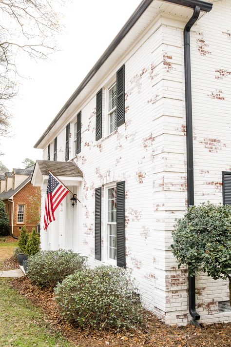 Limewashed Brick Exterior Makeover Reveal - Bless'er House Brick Home Exteriors, Limewashed Brick Exterior, Limewash Exterior, Black Gutters, White Brick Exterior, Limewashed Brick, White Wash Brick Exterior, Brick Exterior Makeover, Bungalow Makeover