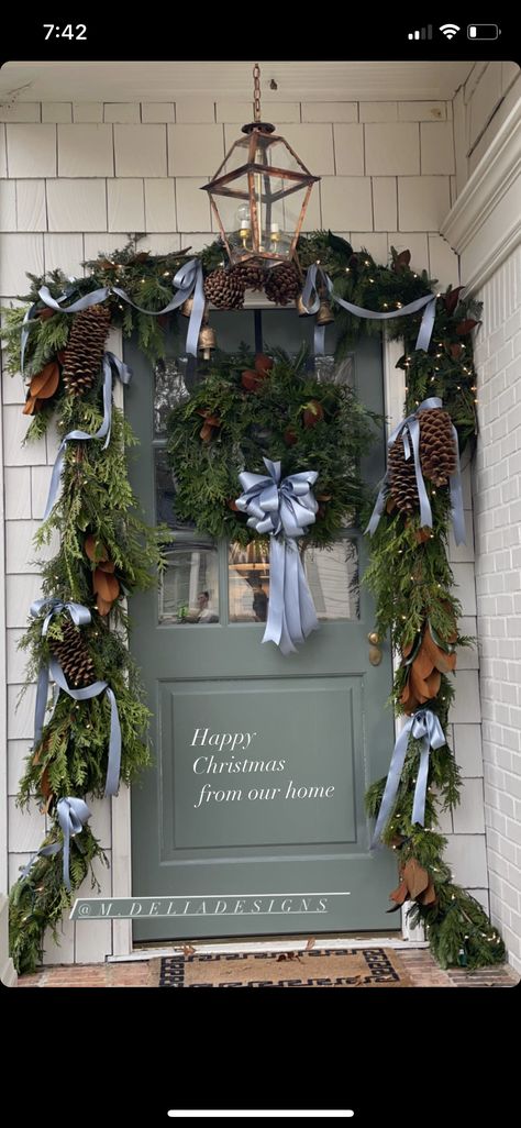 Clary Bosbyshell, Exterior Christmas Decorations, Card Room Green, Card Room, Christmas Decor Trends, Southern Christmas, Christmas Front Door, Front Door Christmas Decorations, Blue Christmas Decor