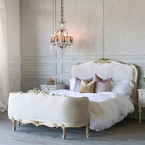 Eloquence French Country Style Vintage Bed with Velvet | Kathy Kuo Home Vintage French Bedroom, Cream Bedroom Furniture, French Style Bedroom, Decorative Nails, French Country Furniture, Classical Furniture, French Bed, French Country Bedrooms, French Bedroom