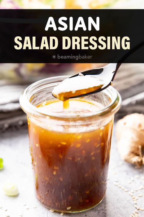 Asian Salad Dressing from Beaming Baker. Sweet and savory with a sesame ginger twist and bright flavor for the best Asian Salad Dressing! Chinese Salad Dressing, Easy Asian Salad, Ginger Asian, Sesame Vinaigrette, Chinese Salad, Delicious Sauces, Asian Salad Dressing, Asian Dressing, Salad Dressing Recipes Healthy