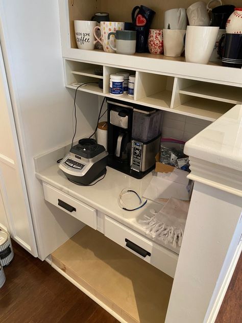 How I Transformed Our Kitchen Desk Nook Into A Functional Coffee Bar - farmhouseish Removing Built In Desk In Kitchen, Kitchen Office Nook Repurpose, Kitchen Desk Turned Coffee Bar, Convert Kitchen Desk To Pantry, Convert Kitchen Desk To Bar, Converting Kitchen Desk, Kitchen Desk Ideas Repurpose, Built In Kitchen Desk Repurpose Ideas, Built In Kitchen Desk Makeover