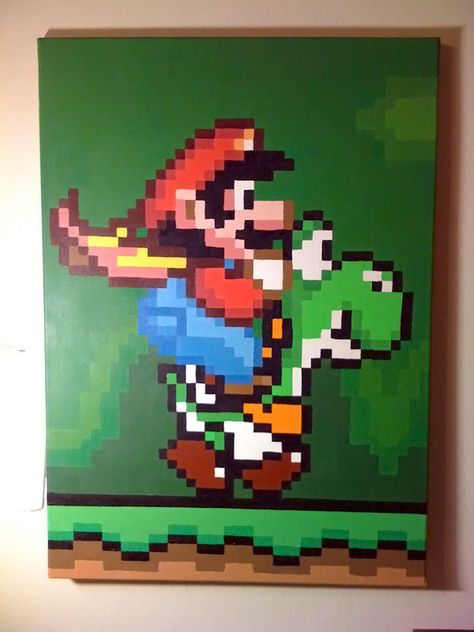 Pixel Art Painting, Human Eye Drawing, Mario And Yoshi, Pixel Painting, Mars Black, Nerd Tattoo, Super Mario World, Cute Canvas Paintings, Canvas Painting Designs