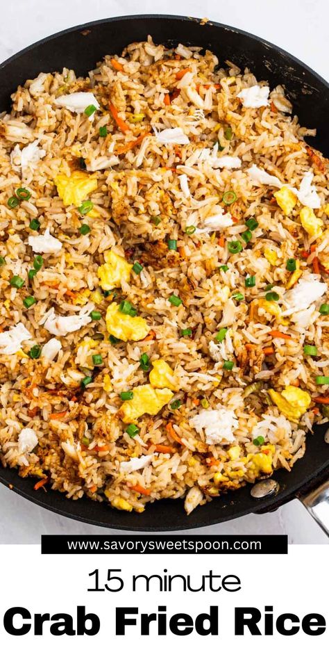 Crab Fried Rice is my go-to favorite. It's packed with lump crabmeat and infused with aromatic Thai seasonings. Made in less than 15 minutes, it is a great addition to your repertoire of easy dinners! Imitated Crab Recipes With Rice, Rice With Crab Meat, Fish Recipes With Rice, Crab Fried Rice Recipe Thai, Rice And Crab Recipes, Crab Rice Bowl, Crab Recipes Lump, Crab Recipes Dinner, Crab Rice Recipe