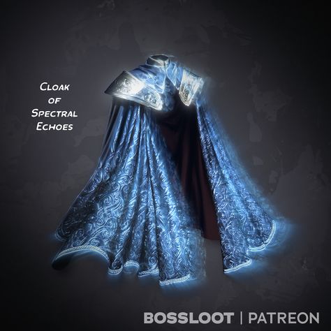 New Item. Cloak of Spectral Echoes Wondrous Item (cape), rare (requires attunement) "The spectral twin, born of intention, gracefully mirrors the subtleties of my motions." The Cloak of Spectral Echoes appears as a flowing, midnight-blue garment adorned with silver threads that seem to weave in and out of reality. The cloak has 3 charges. It regains expended charges after a long rest. Spectral Echo. As a bonus action, you can expend one charge to create a spectral duplicate that merges wi... Magic Cape Fantasy Art, Magic Cloak Art, Magic Cloak, Royal Cloak, Cape Fantasy, Blue Cloak, Homebrew Items, Dnd Magic, Fantasy Items