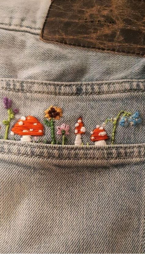 Embroidery Mushrooms, Embroidery Jeans Diy, Back Pocket Embroidery, Clothes Embroidery Diy, Pocket Embroidery, Pola Sulam, Embroidery On Clothes, Cute Embroidery, 자수 디자인