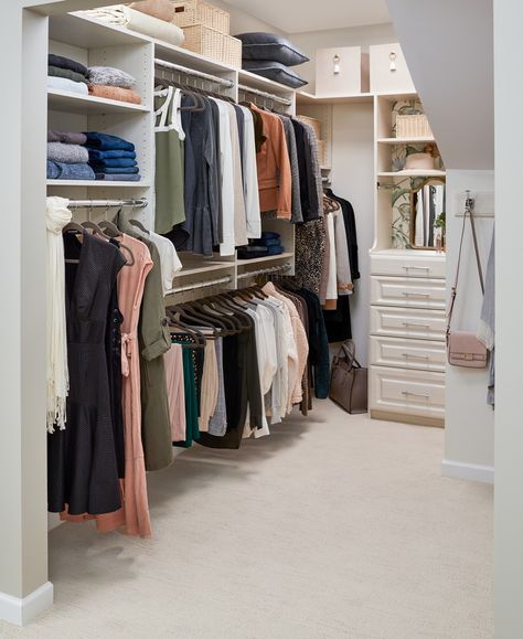 Closet Sloped Ceiling, Slanted Closet Ideas, Closet With Slanted Ceiling, Slanted Ceiling Ideas, Easy Closets, Slanted Ceiling Closet, Custom Closet Organization, Organization Systems, Attic Ideas