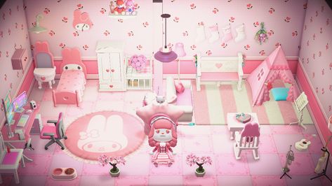 Animal Crossing Bedroom Ideas Pink, Kawaii Island Acnh, Acnh Pink Bedroom, Acnh Pink Room, Acnh Sanrio Island, Acnh Cutecore, Acnh Pink Island, Acnh Sanrio, Bedroom Inspirations Pink