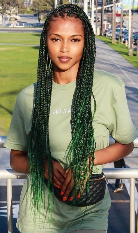 Neon Green Box Braids, Green Feed In Braids, Green Hair Braids, Olive Green Braids, Dark Green Box Braids, Dark Green Braids, Green Braids For Black Women, Green Box Braids, Green Braids