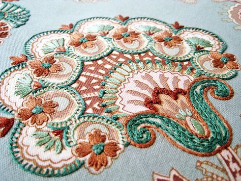 Embroidery over fabric print...by catnipstudio  Teal Paisley Hand Embroidery, via Flickr. Jacobean Embroidery, Crewel Embroidery Kits, Needlework Embroidery, Crewel Embroidery, Fabric Print, Hand Embroidery Patterns, Embroidery Inspiration, Ribbon Embroidery, Embroidery Techniques