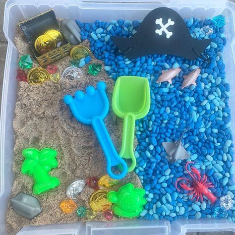 Treasure Sensory Bin, Pirate Sensory Bin, Kinetic Sand Sensory Bin, Ocean Sensory Bin, Kids Sensory Activities, Kinetic Sand, Sensory Tools, Teacher Activities, Pirate Treasure