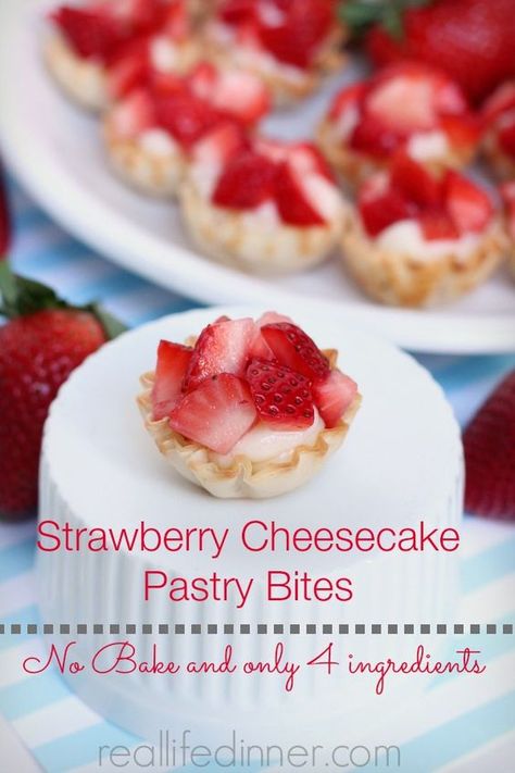 Strawberry Cheesecake Pastry Bites, no bake and only four ingredients reallifedinner.com Cheesecake Pastry, Strawberry Pastry, Desserts Strawberry, Pastry Bites, Berry Bites, Strawberry Cheesecake Bites, Cheesecake Tarts, Birthday Dessert, Frozen Raspberries