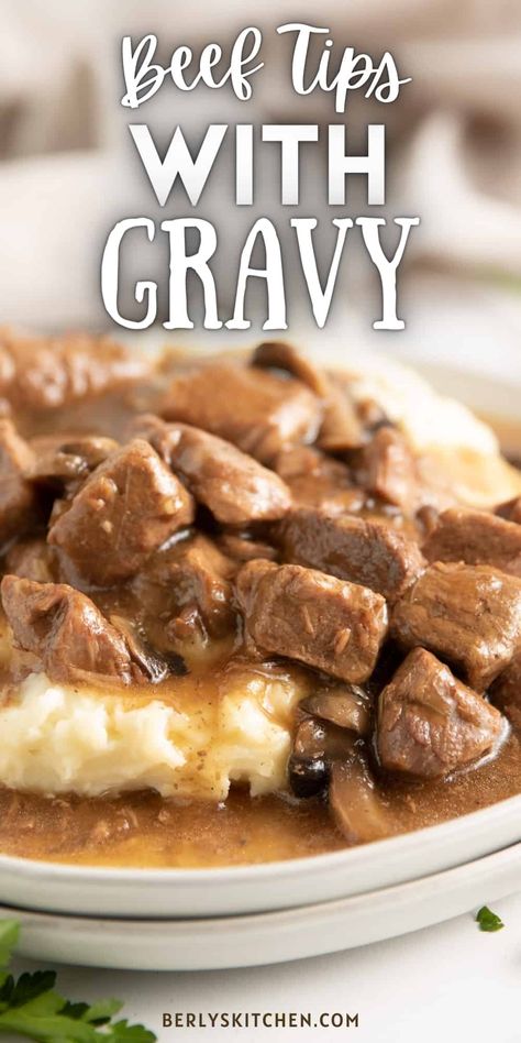 This easy recipe for Beef Tips with gravy is the perfect weeknight dinner. They are simple to make, and the mushroom gravy is rich and flavorful. You can serve them over rice or pasta, or even potatoes. Recipe For Beef Tips, Beef Tips With Gravy, Beef Tips Recipe, Newest Recipes, Beef Tip Recipes, Beef Tips And Gravy, Veal Recipes, Tasty Meat, Creamed Potatoes