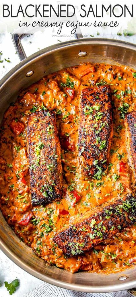 Quick and easy Blackened Salmon with a crispy crust on the outside and juicy, buttery inside all smothered in creamy Cajun sauce – on your table in 30 minutes! #recipes #dinner #salmon #salmonrecipes via @carlsbadcraving Creamy Cajun Sauce, Salmon Recipe Pan, Blackened Salmon Recipes, Salmon Recipes Pan Seared, Cajun Salmon, Cajun Sauce, Fish Recipes Baked, Recipes Shrimp, Recipes Cheap