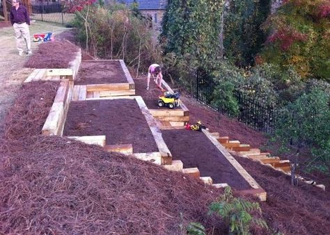 Square Foot Gardening Plans, Sloped Backyard Landscaping, Landscaping On A Hill, Sloped Yard, Hillside Garden, Sloped Backyard, Landscaping Retaining Walls, Hillside Landscaping, Sloped Garden