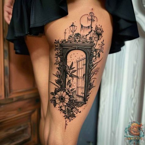 Unlocking the Meaning: Exploring the Fascinating World of Doorway Tattoos: 151 Designs - inktat2.com Back Of Arm Women’s Tattoo, Elbow Book Tattoo, As Above As Below Tattoo, Underworld Tattoo Ideas, Framed Floral Tattoo, Oddity Tattoo Ideas, Window Tattoo Ideas, Secret Love Tattoo Ideas, Romantasy Tattoo