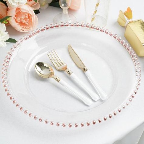 Acrylic Charger Plates, Glass Charger Plates, Rose Gold Beads, Acrylic Plastic, Charger Plates, Beaded Trim, Food Presentation, Event Catering, Salad Plates