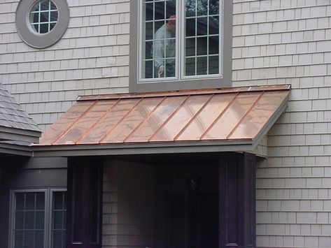 Standing Seam Roofing - Sheridan Sheet Metal Co. Window Trellis, Copper Metal Roof, Roof Awning, Copper Awning, Awning Roof, Bricks Wall, Tan House, Metal Awning, Standing Seam Roof