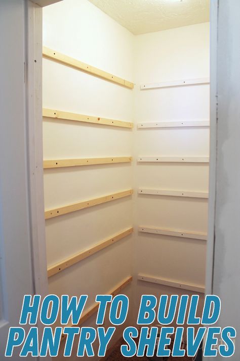 Walk In Pantry Shelves Diy, Building Shelves In A Pantry, L Shelves Corner, Shelving Ideas For Pantry Food Storage, How To Build Pantry Shelving, Build Your Own Pantry Shelves, Diy Pantry Shelves Small Closet, Open Shelf Butlers Pantry, Best Pantry Shelving