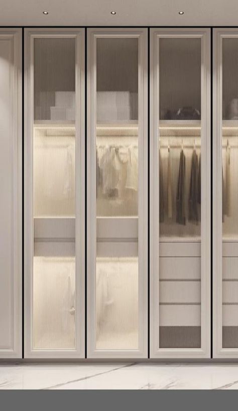 Waldrop Design Bedroom, Fluted Glass Wardrobe, Clear Wardrobe, Glass Wardrobe, Luxury Kids Bedroom, Glass Closet, Wardrobe Interior, Entry Closet, Wooden Closet