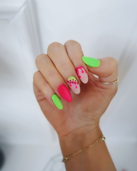 Watermelon nails: because even my manicure deserves a taste of summer 🍉☀️💅✌️ . . . 🏷️ summer nails, watermelon nails, neon nails, fruit nails, nail art, summer nail design, lime green nails, hot pink nails, fruity nails #fruitnails #fruitnailart #watermelonnails #summernailart #summernails2024 #neonnailsummer #neonnails #fruitynails #summernailinspo Lime Green Nails, Fruit Nail Art, Watermelon Nails, Hot Pink Nails, Neon Nails, Nail Art Summer, Nail Designs Summer, Green Nails, Pink Nails