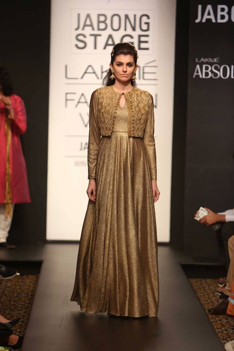 Anarkali With Jacket, Gold Anarkali, Fashion Week Outfit, Long Dress Design, Indian Gowns Dresses, Indian Gowns, Designer Party Wear Dresses, Lakme Fashion Week, Saree Dress