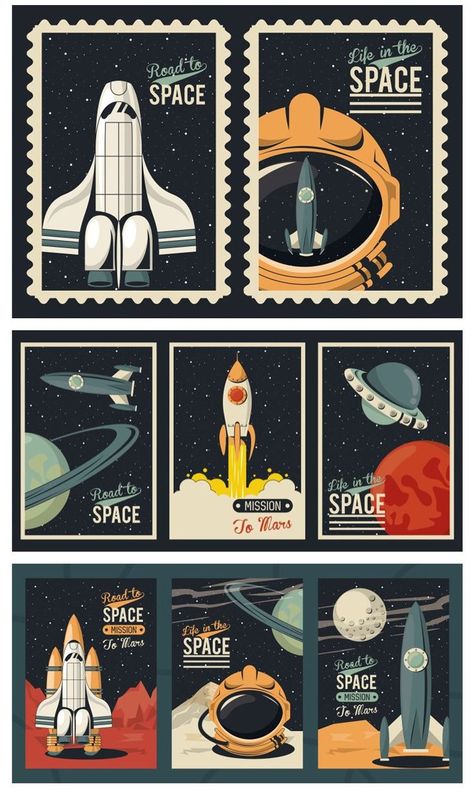 Astronomy Design Ideas, Vintage Outer Space, Retro Space Aesthetic, Nasa Aesthetic, Space Graphic Design, Fogo Gif, Nasa Design, Retro Space Posters, Nasa Retro