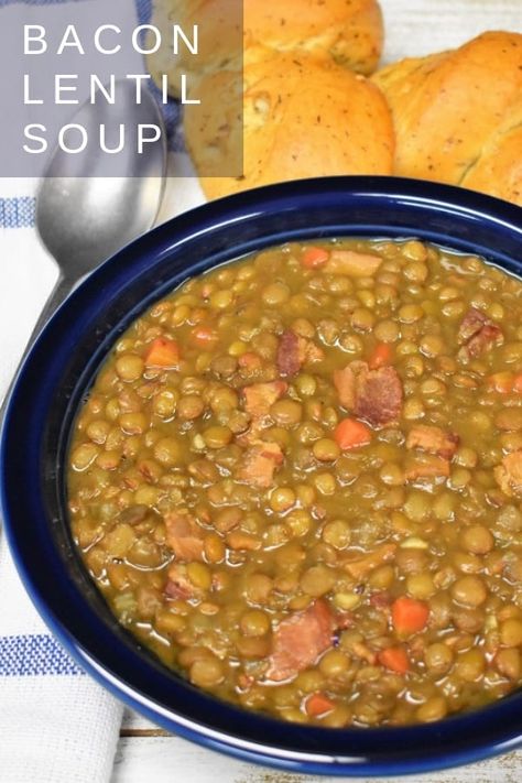 This bacon and lentil soup is easy to make and delicious. In this recipe, bacon is cooked until crispy, then onions, carrots, celery and garlic are sautéed in the drippings. Add a few spices and you’ll have a hearty and flavorful pot of lentils. This soup is great for weeknights since lentils cook up pretty quick; by bean standards. #baconandlentilsoup #lentils Lentil Bean Soup Crockpot, Soup With Lentils And Beans, Lentils With Bacon Recipe, Lentils With Bacon, Lentejas Mexicanas Recipes, Lentil Bacon Soup, Lentil Soup With Bacon, Bacon Lentil Soup Recipe, Lentil And Bacon Soup Recipe