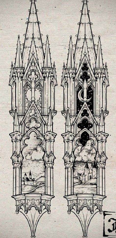 How To Draw Gothic Architecture, Cathedral Drawing Sketch, Gothic Tower Drawing, Gothic Architecture Illustration, Notre Dame Cathedral Tattoo, Gothic Castle Illustration, Gothic Tower Tattoo, Gothic Castle Sketch, Victorian Tattoo Design