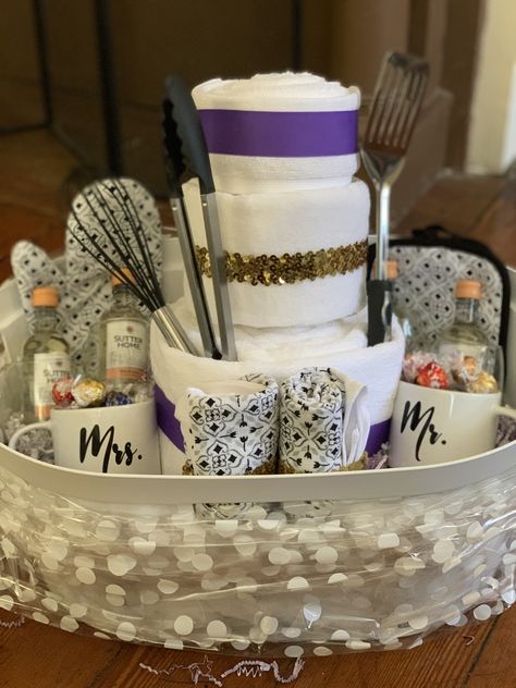 Gift basket I put together for a bridal shower!   #bridalshower #bride #bridal #giftbasket #bridalshowergifts #weddinggifts #wedding Gifts For A Bride, Bride On Wedding Day, Gifts For Bride, Bridal Shower Gifts For Bride, Brides Basket, Shower Gift Ideas, Bride Gift, Diy Wedding Decorations, Baby Ideas