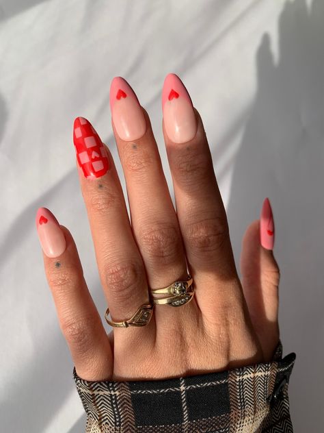 Hand painted press on nails are shown in medium almond shape 🥰  These nails are pastel pink French tip with red grid and cute heart design ❤️ Press On Nails Pink French Tip | Heart Design Nails | Hand Painted Nails | Cute Fake Nails | Glue Nails | Valentines Nails | Red Grid Nail Art Follow me on instagram to get 10% off 💕 @heynayls When visit, send me dm that you are from Etsy and I will send you rabat code 🥰 INCLUDES:  ✔️set of 10 nails  ✔️file ✔️cuticle pusher ✔️nails glue  ✔️dust-free cot French Tip Heart, Valentines Nails Red, Nails Pink French Tip, Nails Pink French, Cute Fake Nails, Nails File, Press On Nails Pink, Hand Painted Nails, Pink French Tip