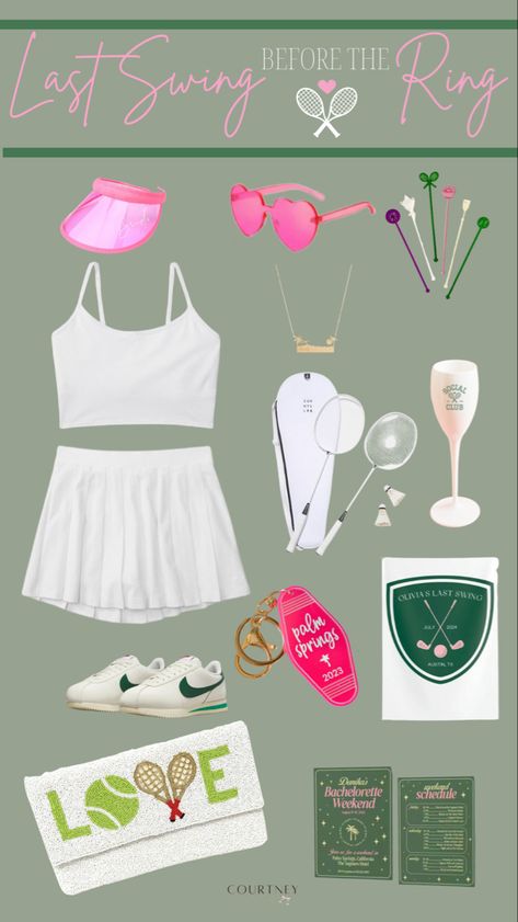 Country Club Accessories, Tennis And Tequila Bachelorette, Country Club And Cocktails Bachelorette, Tennis Bachelorette Theme, Sporty Bachelorette Party, Bachelorette Theme Nights Outfits, Cocktails And Country Clubs Bachelorette, Country Club Theme Bachelorette, Tennis Themed Bachelorette Party