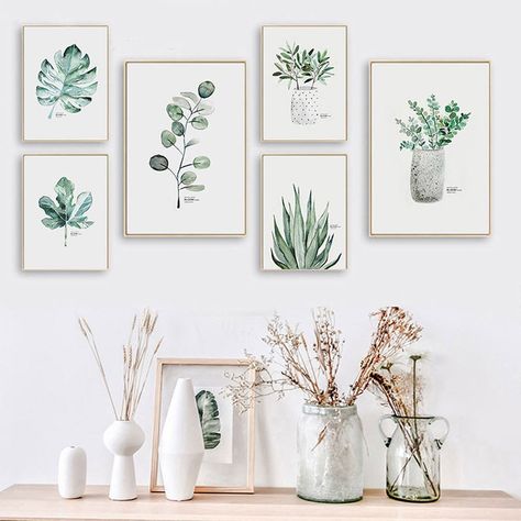 Living Room Nordic, Gallery Wall Layout, Scandinavian Wall Art, Nordic Poster, Frame Picture, Watercolor Plants, Leaf Wall, Lighted Canvas, Leaf Wall Art