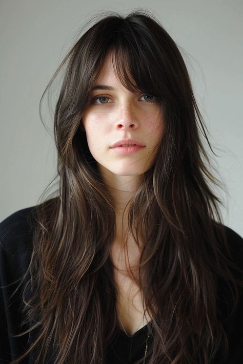 Long Layered Hair With Wispy Fringe, Current Bangs Long Hair, Long Haircut With Fringe, Long Shag Thick Hair, Layered Fringe Bangs, 90s Layered Hair Bangs, Thick Hair Layered Haircut, Parted Bangs Long Hair, Hair For Wide Face