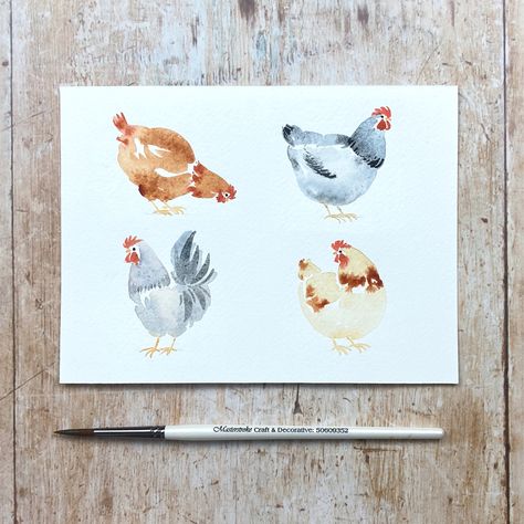 Chicken Watercolor Illustration, Easy Watercolor Chicken, Chicken Watercolour Painting, Painting Chickens Simple, Watercolor Art Chicken, Watercolor Rooster Tutorial, Watercolor Chicken Tutorial, Watercolour Animals Simple, Watercolor Chicken Paintings