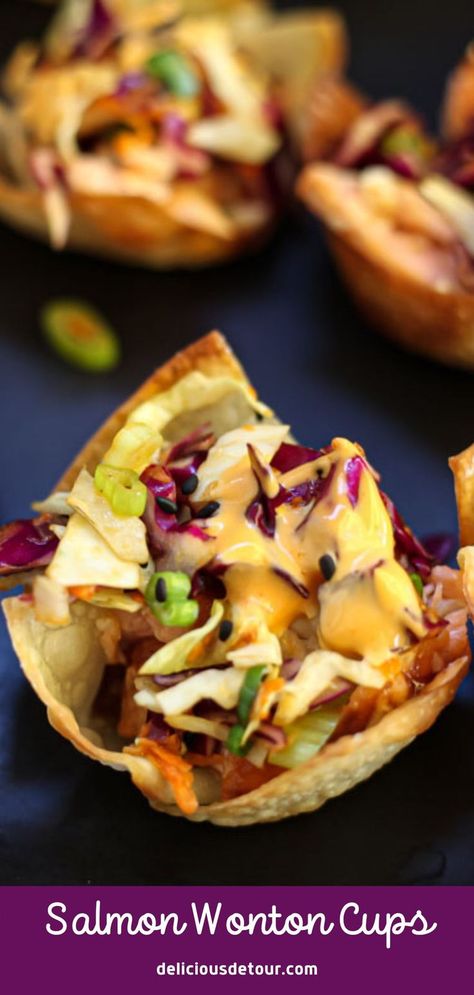 Salmon Wonton Cups are easy to make. Crispy oven-baked wonton cups filled with hoisin-soy glazed salmon and topped with Asian cabbage slaw. #salmonrecipes #easyrecipes #partyideas #partysnacks #wontons #easyappetizers #salmon #asianrecipes Salmon Cup Recipes, Won Ton Cup Recipes, Salmon Wonton Cups, Salmon Wontons, Tuna Wonton Appetizer, Thai Chicken Salad Wonton Cups, Asian Chicken Wonton Cups, Asian Cabbage Slaw, Honey Soy Salmon