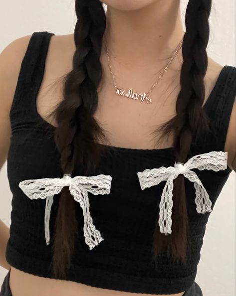 lace ribbon, bows, braids, hair styles, aesthetic hair styles, jennie kim hair, ribbon braids, bow hair styles Lace And Bows Aesthetic, Ribbon Core Outfits, Lace Bows In Hair, Lace Ribbon In Hair, Hairstyles With Lace Ribbon, Lace Bow Hairstyle, Lace Ribbon Hair, Coquette Ribbon Hair, Ribbon In Braids