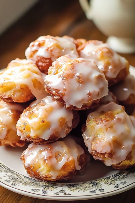 Apple Fritter Bites - Insanely Good Apple Fritter Recipes Easy, Sweet Fritters Recipe, Oven Apple Fritters, Apple Fritters Bites Recipe, Apple Easy Recipes, Amish Apple Fritters Recipe, Fall Scones Recipe, Healthy Fried Apples, Apple Pastry Recipes