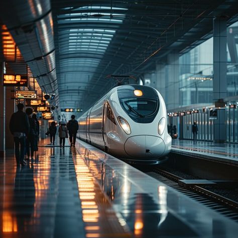 StockCake Passengers waiting as the sleek high-speed train arrives on a shiny station platform during twilight. Modern Train Station, Metro Train, Train Platform, Electric Train, Speed Training, City Vibe, Train Travel, Train Station, Buses