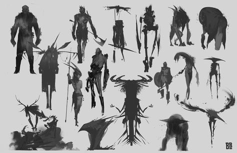 ArtStation - CREATURE THUMBNAILS , Broady Blackwell Creature Design Monster Illustration, Monster Design Concept Scary, Creature Silhouette Concept, Bat Monster Design, Forest Monster Concept Art, Mythical Creature Art, Silhouette Sketch, Character Design Sketches, Shadow Art