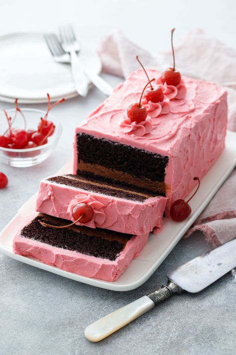 Chocolate Maraschino Cherry Loaf Cake Layer Cake, Chocolate Cake, Frosting, Cherry, Cake, Pink