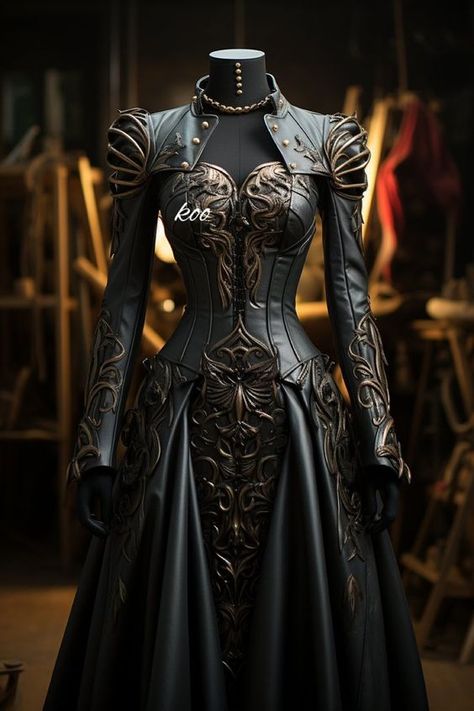 Black Armor Dress, Medival Outfits Woman Aesthetic, Medival Outfits Woman Royal, Black Fantasy Dress Queens, Armor Dress Warrior Princess, Female Armor Dress, Armored Dress, Armour Dress, Warrior Dress